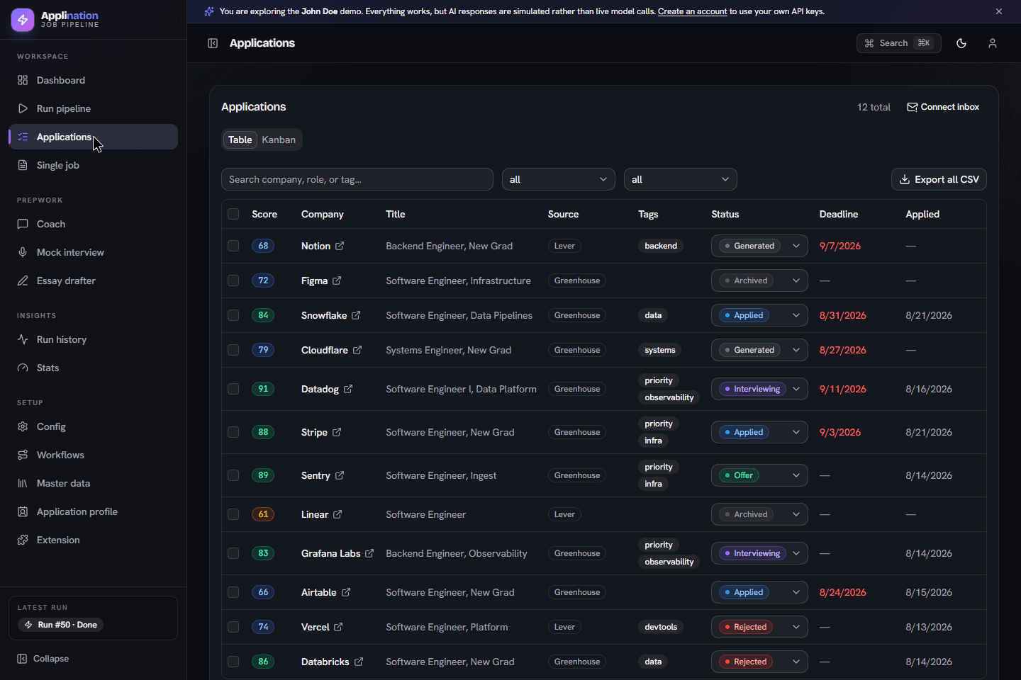 Applination demo application tracker with scores, statuses, and deadlines