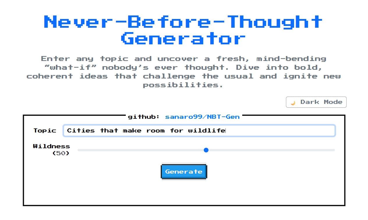 NBT-Gen retro interface with a topic field and wildness slider